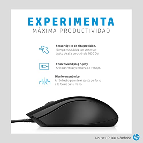 HP Mouse Alámbrico 100, Cable de Conexión USB, Windows/MAC OS, Negro